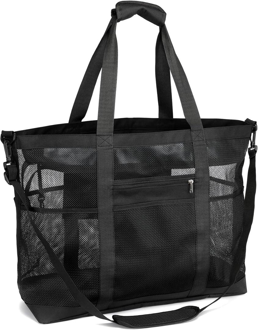 F-color Mesh Beach Bag Family - Large Tote Bag for Cruise Pool Toys Beach Vacation Essentials (X-Large, Water-resistant Bottom, Black Handle With Cushion)