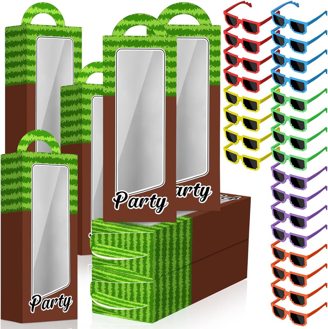 48 Pcs Pixel Party Favors Pixelated Theme Gift Boxes Pixel Sunglasses Birthday Party Supplies (Vibrant Colors)
