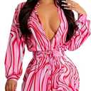 Glozeplus Women Sexy One Piece Deep V Neck Printed Shorts Jumpsuit Long Sleeve High Waist Elastic Romper Clubwear Outfits, S