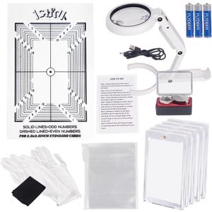 JstFrU Sports Card Grading Kit,Card Grading Centering Tool Set,LED Magnifying Table Lamp,High Intensity Magnifying Loupe, Microfiber Cloth,Gloves,Soft Sleeves,Magnetic Holders,Batteries (White)