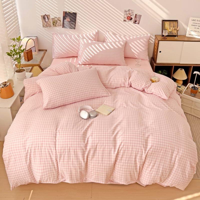 Kimko Pink Buffalo Plaid Duvet Cover Set,Grid Checkered Bedding Set with Zipper Closure,Gentle,Soft,Home Cozy and Breathable 3Pcs:1 Duvet Cover+2 Pillowcase (# 011, Full-71''X87'')