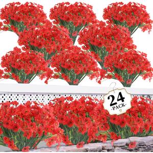 24 Red Bundles Artificial Flowers for Outdoors/Indoors Fake Flowers Plants for Indoor Outside Garden Porch Window Box Home Wedding Farmhouse