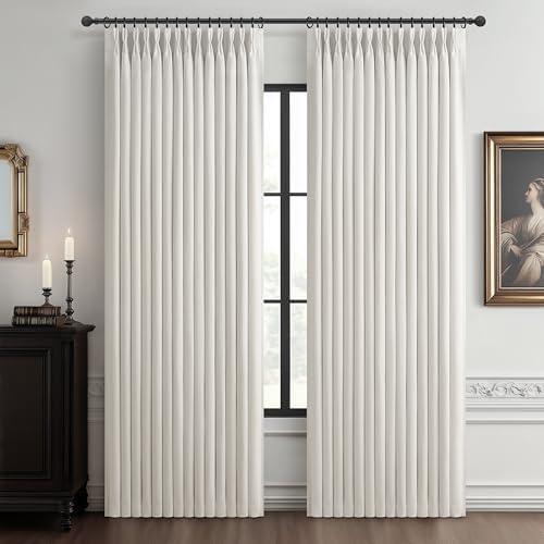 Custom Pinch Pleat Flax Linen 86 Inch Nursery Blackout Curtains 2 Panels Set, Neutral Beige White Room Darkening Thermal Double Layer Thick Drapes with Hooks Rings Curtain 86 Inches Long for Kids Room