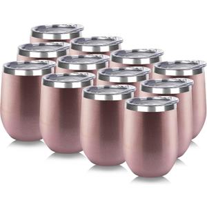 DOMICARE Stainless Steel Wine Tumbler Bulk with Lid, Personalized Rose Gold Insulated Tumblers Set, 12oz Travel Coffee Cups Pack of 12