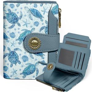 Sea Turtle Small Wallet Women RFID Blocking Bifold, Credit Card Holder, Zipper Coin Pocket, PU Leather, Cute, Compact, Travel, 4 ID Window, 14 Card Slots, Cash Purse, Ladies Woman Female Girls