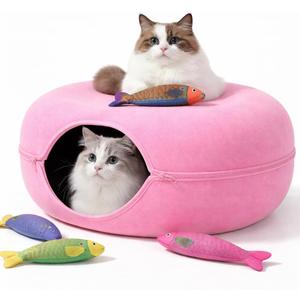 Cat Cave, Cat Tunnel Bed, Premium Cave Donut Tunnel Bed Set with Interactive Soft Cat Toys, Donut Design - Ideal Houses for Indoor by Luniko Shop (Pink)