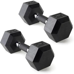 CAP Rubber Coated Dumbbell Weights, Free Weights for Home Gym Strength Training, Anti-Roll Hex Dumbbells with Black, Chrome & Comfort Grip Handles, Pairs & Sets