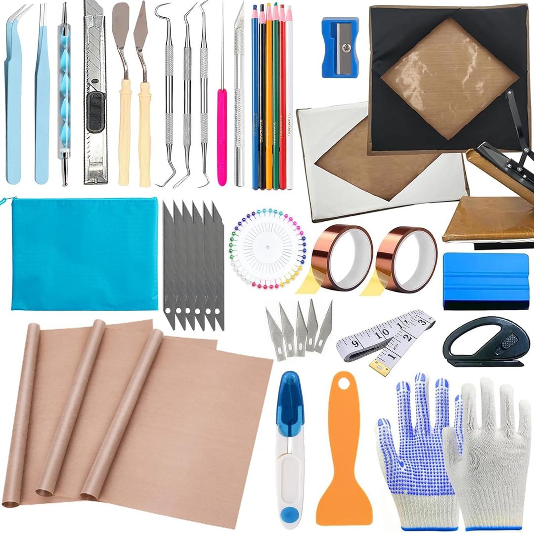 XEUZK Press Platen Wrap Cover Kit, 2 Heat Press Platen Wrap Cover (15Inch), 3Pack Teflon Sheet for Heat Press Heat Resistant Gloves with Silicone Bumps 2 Rolls Heat Resistant Tape & Sublimation Pencil