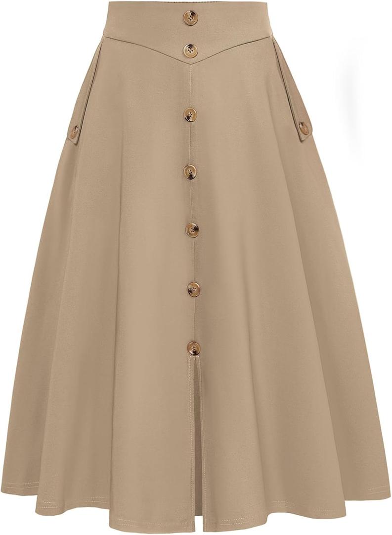 Belle Poque Womens Midi Skirt High Waist A Line Skirts Button Front Slit Flared Skirt Vintage Skirts with Pockets (Khaki, Medium)