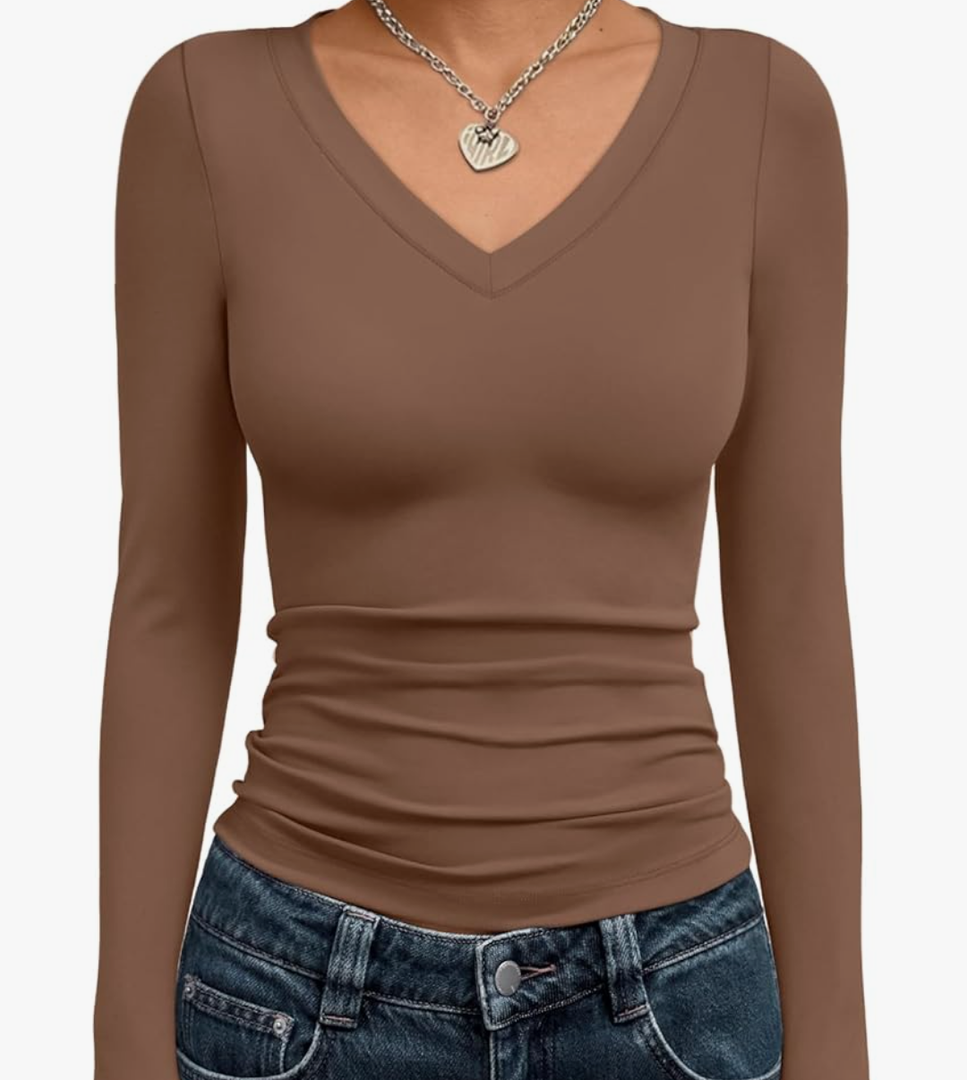 Long Sleeve Shirts for Women 2026 Fall Fashion V Neck Basics Crop Tops Slim Fitted Y2K Tops Outfits Clothes Size Medium, Coffee Grey 