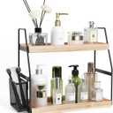 Bathroom Counter Organizer, 2-Tier Standing Storage Shelf with Basket, Wood Tray for Skincare Vanity Organizer(Black)