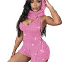 Women Trendy 3 Piece Outfits Crochet Knitted Balaclava See Through Halter Crop Top Hollow Out Mini Hot Shorts Sets (Small, Pink)