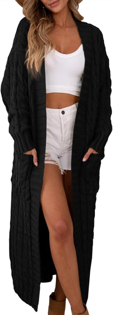 Saodimallsu Womens Open Front Long Cardigan Oversized Long Sleeve Loose Cable Knit Chunky Fall Sweater Coat with Pockets (Black)