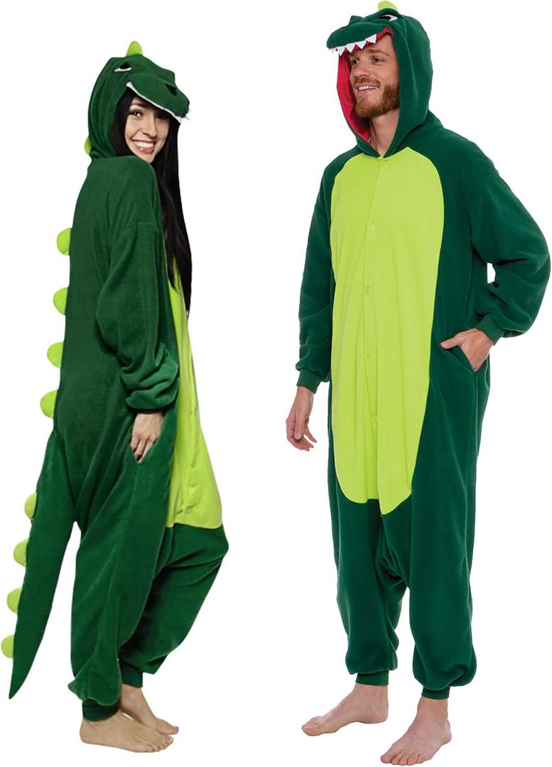 Funziez! Dinosaur Adult Onesie - T-Rex Halloween Costume - Plush Dino One Piece Cosplay Suit for Adults, Women and Men (Small, Green)