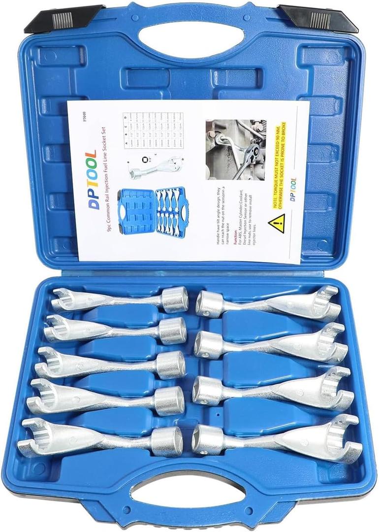 9pc Common Rail Injection Fuel Line Socket Set 12 Point Injector Fuel Line Socket 1/2" Dr 12mm 14mm 16mm 17mm 18mm 19mm 21mm 22mm 24mm Removal Temperature Sensors Thermo Switches