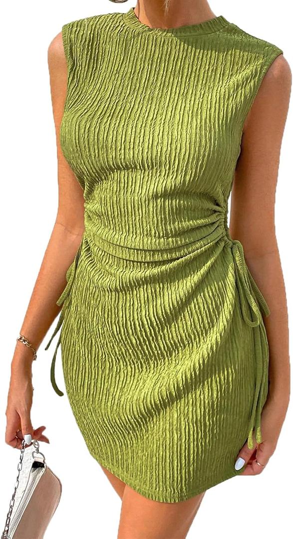 Acelitt Women's Summer Dresses 2026 Beach Casual Crewneck Loose Sundress Ribbed Cut Out Mini Dress Green X-Large