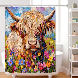 RnnJoile Highland Cow Shower Curtain Wild Animal Bath Curtain Colorful Wildlife for Cabin Bathroom Decor with Hooks 72"x72"
