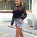 CLOZOZ Women's Mesh Crop Top See Through Fishnet Shirt Long Sleeve Crew Neck Sheer Cover Up