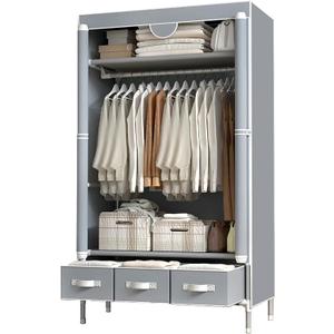 Portable Clothes Closet Rolling Door Wardrobe with Hanging Rack Non-Woven Fabric Storage Organizer with Three Drawer Boxes No-Tool Assembly - 35.4 x 17.7 x 67.0  (Gray)