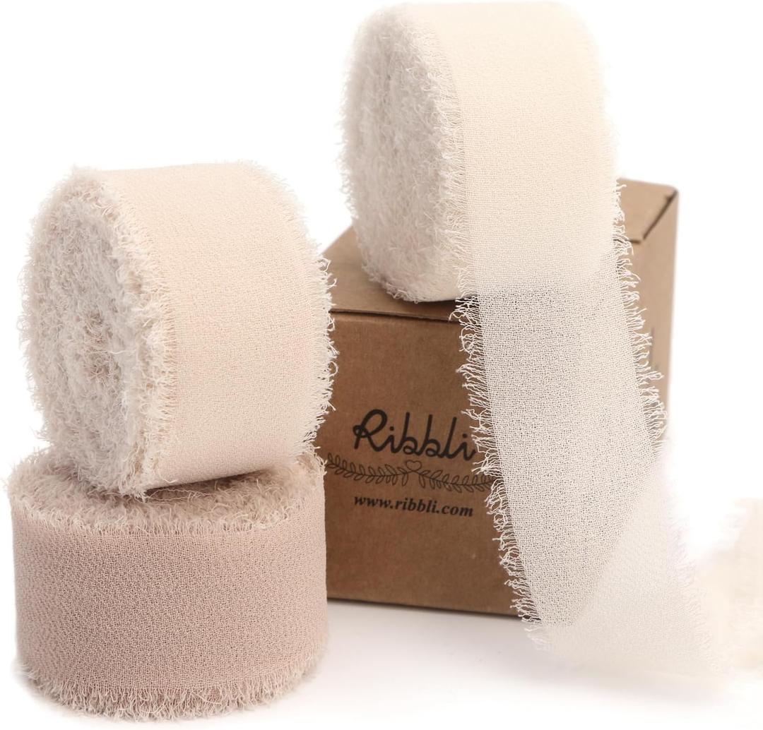 Ribbli Nude Ribbon 1 Inch x 3 Rolls Total 24 Yards Cream/Nude/Beige Handmade Fringe Chiffon Silk Ribbon for Wrapping Wedding Invitations Bridal Bouquets DIY Crafts Home Decor