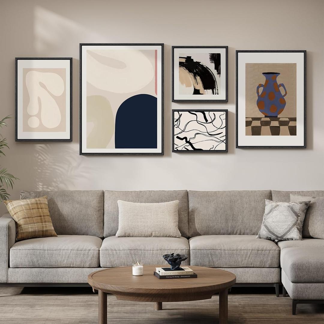 Large Framed Black and White Abstract Wall Art for Living Room, 5 Piece Set, 16x24 in/24x32 in/16x16 in/12x16 in/20x28 in