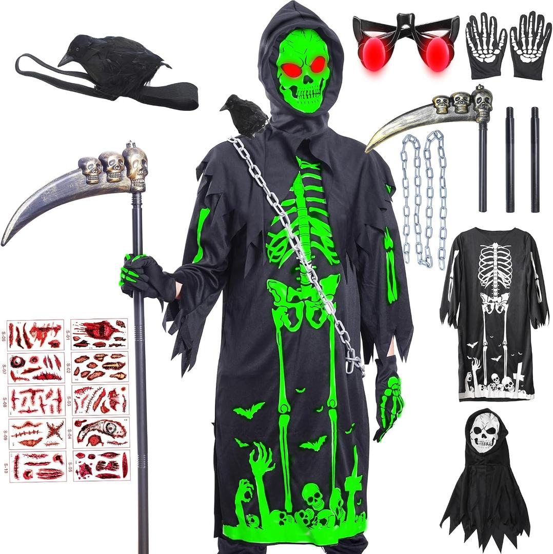 Skirfy Light Halloween Cosplay Costumes for Kids,Glow Halloween Costumes Scary, M(38in,Age8Y-12Y)