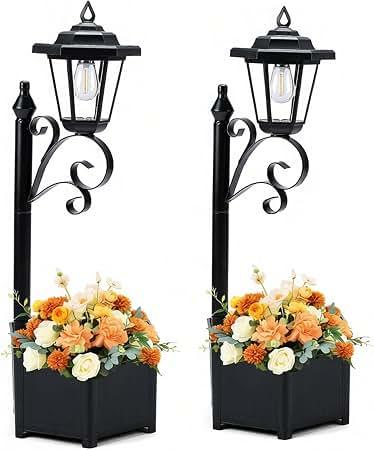 2 Pack Solar Floor Lamps with Planter (2-in-1 Design), 29.5" Outdoor LED Garden Lights - IP44 Waterproof, Warm White Auto-On at Dusk, Easy Install for Lawn, Patio, Porch, Yard & Pathway Decor