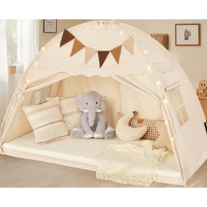 Twin Size Bed Tent Canopy, Kids Play Tent with Flags & Star Lights, Canopy on Bed Privacy Space Sleeping Blackout Tents, Indoor Breathable Portable & Foldable, Girls & Boys Gifts, Cream Castle Style (Twin Size (78.7 x 38.5 x 49.6 in))