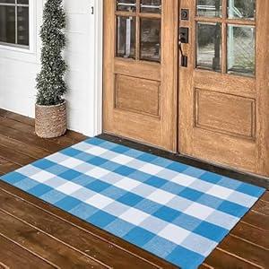 Fallovea Spring Rugs Blue and White Plaid, 28” x 43” Area Rug Outdoor Indoor Easter Front Porch Doormat Cotton Hand-Woven Layered Door Mats for Entryway Patio Entryway Laundry Bedroom