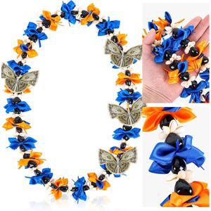 36inch Blue Orange Graduation Kukui Nut Leis Grad Ribbon Beads Necklace Class of 2026 Graduation Gifts for High School Seniors College Party Accessories