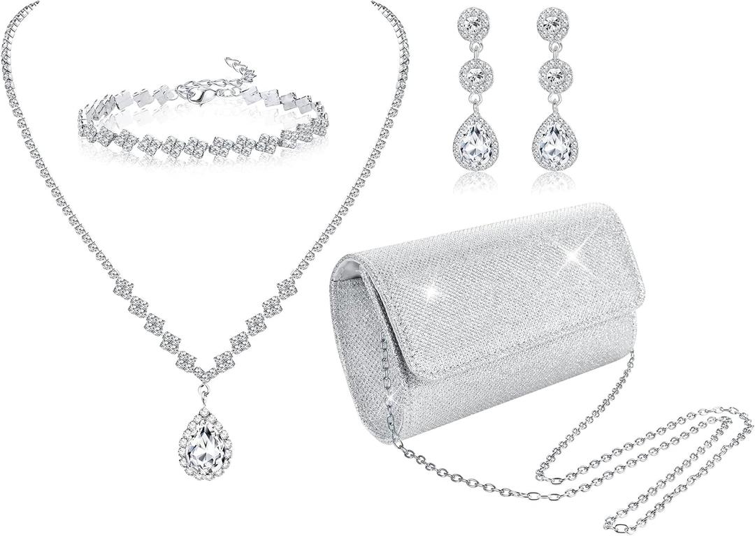 Subiceto 4Pcs Silver Clutch Purse Jewelry Set for Women Evening Rhinestone Purse Crystal Necklace Earrings Bracelets Set Silver Accessories for Women Bride Wedding Jewelry Lightweight