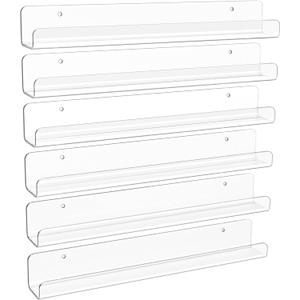 upsimples 6 Pack Clear Acrylic Shelves, 1.7" x12" Clear Wall Shelves for Nail Polish, Vinyl Wall Mount, Record Holder, Magazine Rack, Comic Display, Picture Ledge Shelf Dcor