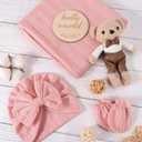 AQOKKA Newborn Receiving Blanket with Bow Hat Mittens Wooden Card Set Wheat-Pattern Newborns Toddler Baby Boy Girl Nursery Swaddle Wrap
