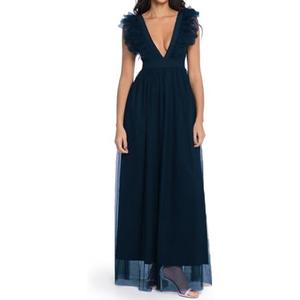 Women's Elegant Sleeveless Deep V Neck Mesh Ruffle Long Formal Party Evening Dress XL