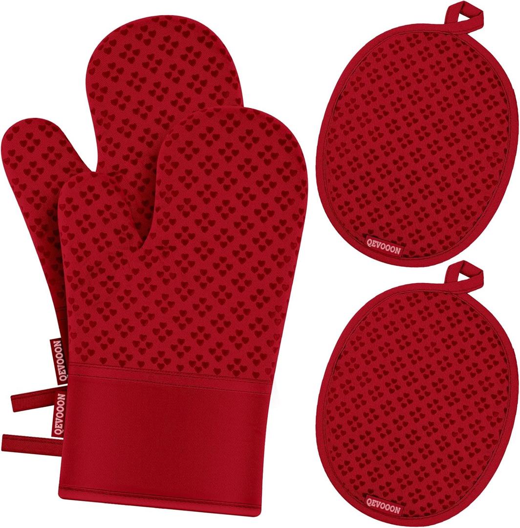 Oven Mitts and Pot Holders 4 Sets, Heat Resistant 500 ℉ Oven Mitt and Pot Holder,Oven Glove&Potholders with Non-Slip Silicone Surface,Kitchen Essentials for Cooking/Baking/BBQ-Red