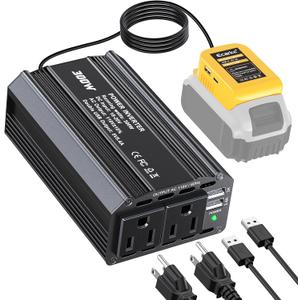 Ecarke 300W Portable Power Inverter Compatible with DeWALT 20V Battery, DC 20V to AC 110V Power Station with 2 AC Outlets, 3 USB Ports & 1 Type-C 18W, for Camping RV Emergency Use (No Battery) (Yellow)