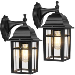 2-Pack Outdoor Wall Lanterns, Exterior Wall Sconce Light Fixture, Waterproof Anti-Rust Aluminum Porch Lights, Clear Glass Black Wall Mount Lighting, E26 Socket Wall Lamps for House(Bulb not Included)