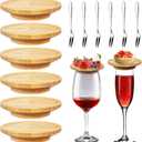 ZYNERY 6 Pcs Wine Glass Charcuterie Topper, Wine Glass Topper Charcuterie Plate, Mini Charcuterie Boards Wine Glass Covers, Bamboo Coasters with 6 Fruit Forks for Family Gatherings Party