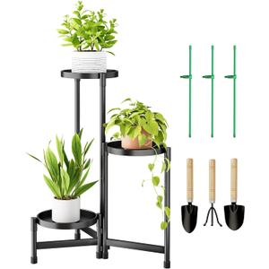 3 Tier Metal Plant Stand Indoor, Rotatable Corner Plant Shelf Outdoor, Tiered Flower Pot Display Stand, Multiple Plants Holder for Patio Living Room Balcony Garden Home Decor - Black