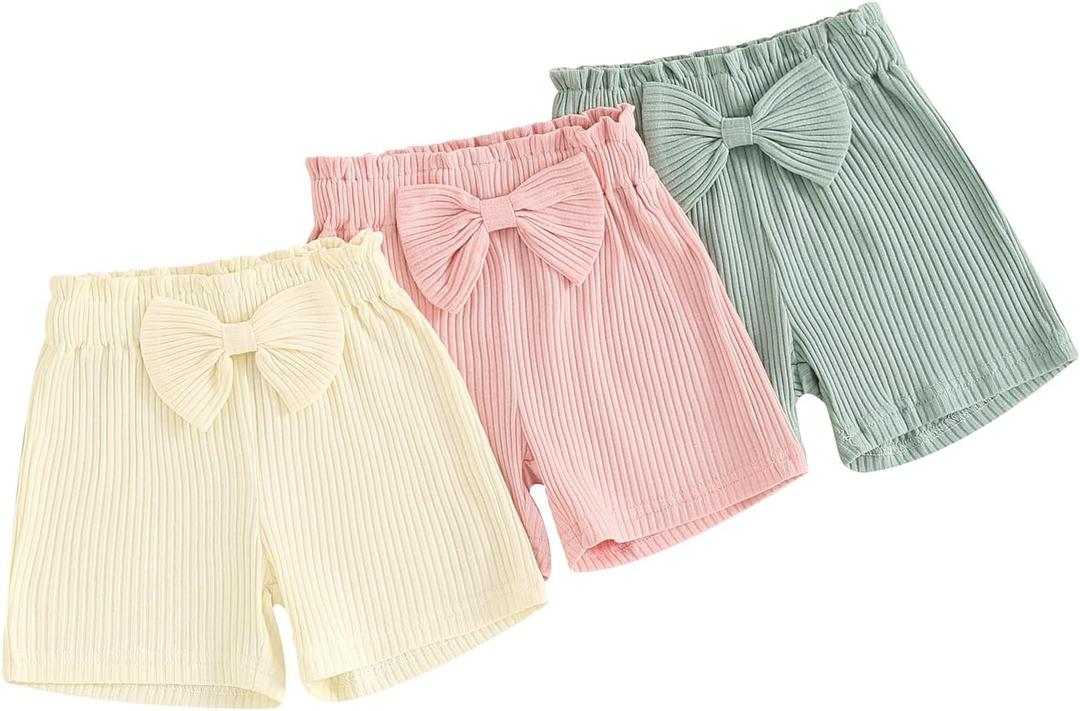Toddler Baby Girl Shorts 3 Pack Solid Color Ribbed Elastic Waist Cottton Summer Bottoms Midi Shorts Casual Pants, Pink/Beige/Green
