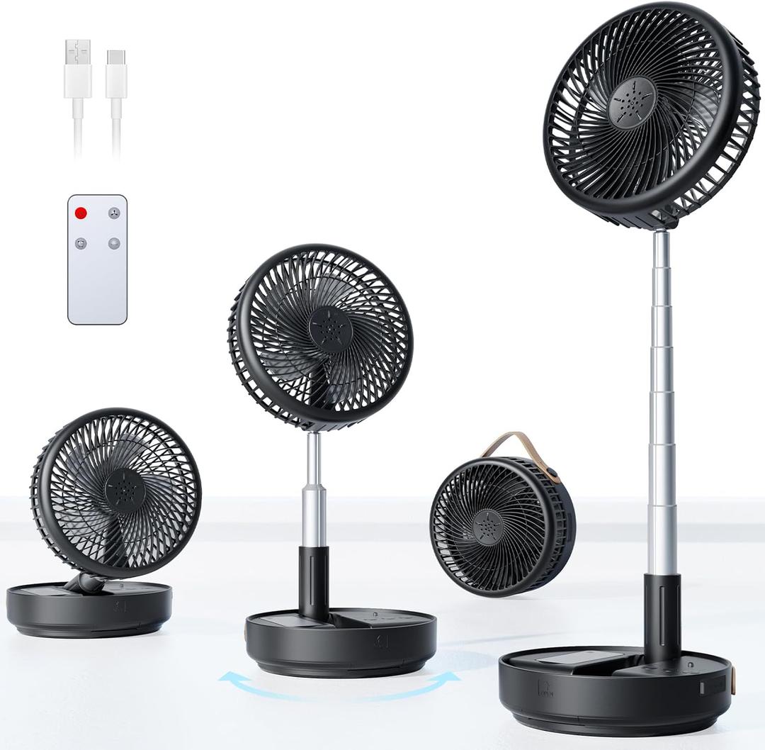 Portable Oscillating Travel Fan, 10400mAh Battery Operated Rechargeable USB Floor Table Desk Fan with Remote, 4 Speed Settings Pedestal Fan for Home Bedroom Office Camping Cruise, Black 8"