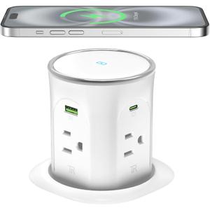 Pop Up Countertop Outlet with 2 PD 45W USB C Charging Station, 3.15 in Hole Electrical Power Outlets Insert in 4 Plugs 4 USB Ports 15W Wireless Charger for Desktop Kitchen Countertop (White)