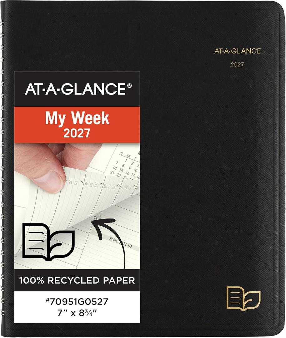 AT-A-GLANCE 2027 Appointment Book Planner, Weekly & Monthly, 7" x 8.75", Quarter-Hourly, Recycled, Black (70951G0527)