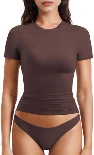 YEOREO Women Fitted Workout Tops Short Sleeve Double Lined Basic Y2K Going Out Crew Neck Compression Crop Top size M