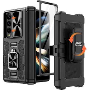Caka for Z Fold 4 Case, Galaxy Z Fold 4 Case with Kickstand & Belt-Clip Holster Camera Cover with Built-in 360Rotate Ring Stand Magnetic Case for Samsung Galaxy Z Fold 4 -Black