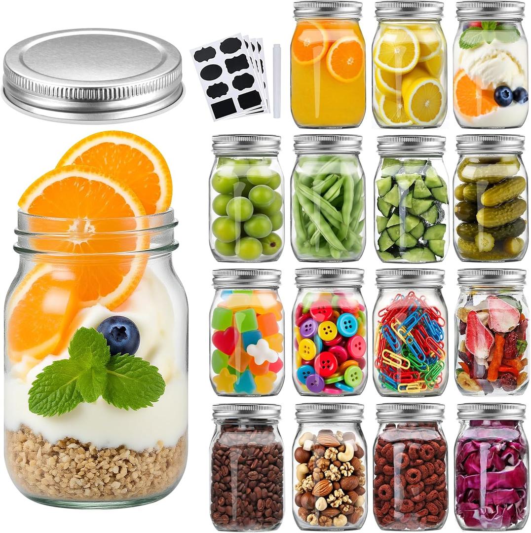 Accguan 16Pack 16oz Glass Mason Jars with Regular Airtight Lids, Clear Glass Jars Ideal for Canning, Pickling, Meal Prep, Jam, Honey, DIY Shower/Wedding Favors, Labels & Pen Included,Pint Canning Jars