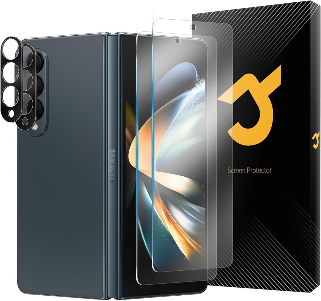 JZG 2 Pack Screen Protector for Samsung Galaxy Z Fold 4 (Tempered Glass), 2 Pack Camera Lens Protector, Fingerprint Unlock, Anti-Shock, Bubble Free, Case Friendly