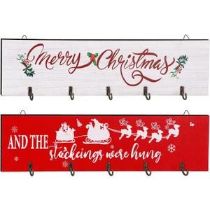 Blulu 2 Pieces Christmas Stocking Holder for Wall The Stockings were Hung Wall Sign Merry Christmas Stocking Hangers Xmas Holder with 5 Hangers for Fireplace Mantel Door(Chic Style)