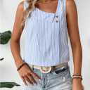 Women's Button Asymmetrical V Neck Striped Print Blouses Casual Sleeveless Tank Top Summer Shirt Tops (Blue, L)
