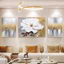 Hand-Painted Flower Oil Painting for Living Room, Framed 3D Gold and White Abstract Wall Art for Bedroom, Large 3 Pieces Floral Wall Painting for Office Home Decor 24x64 inches